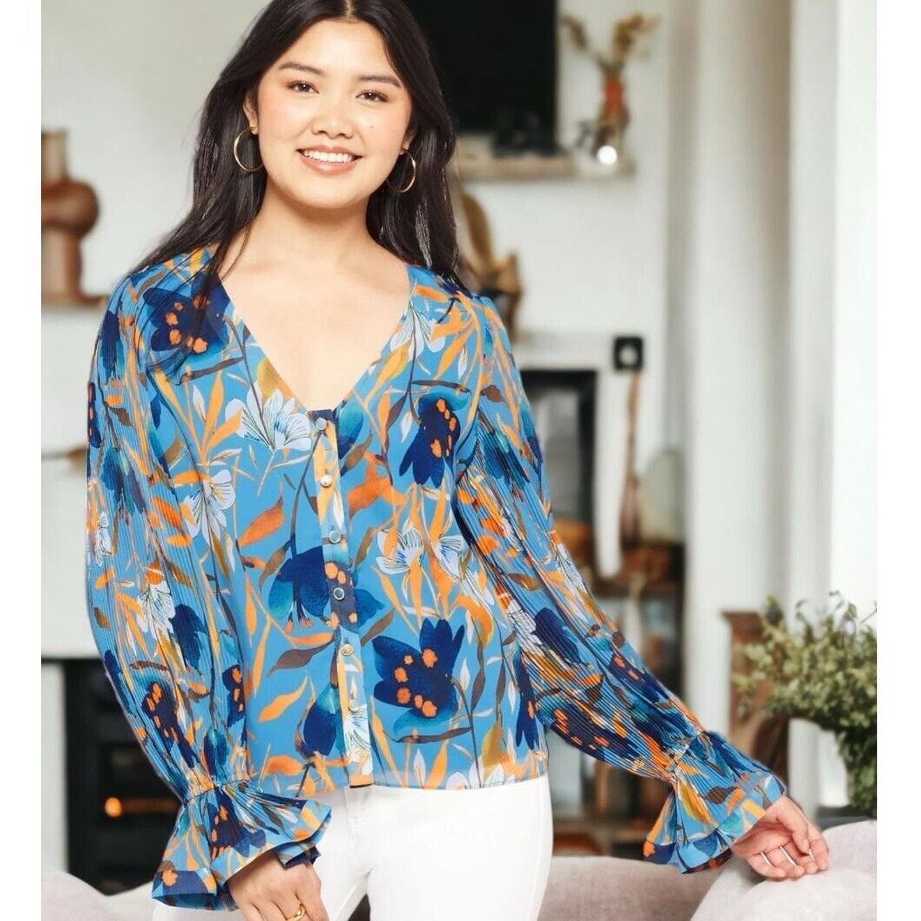 Milly Greer Watercolor Azalea Top Button Up Bell Sleeves Blue Women's Small Nwt